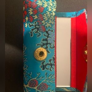 Hato Hasi Vintage Teal Lipstick case w/ mirror, floral, made in Japan